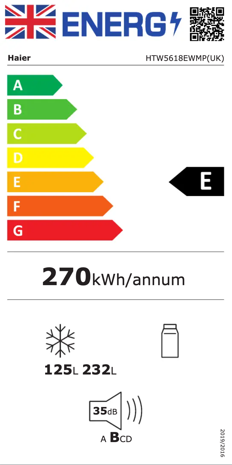 Page 1 de la notice Label énergétique Haier HTW5618EWMP
