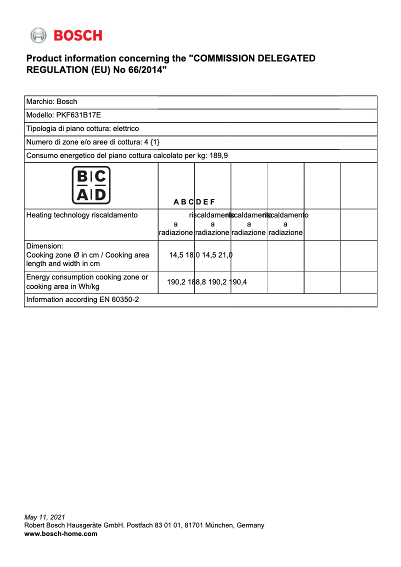 Page 1 de la notice Fiche technique Bosch PKF631B17E