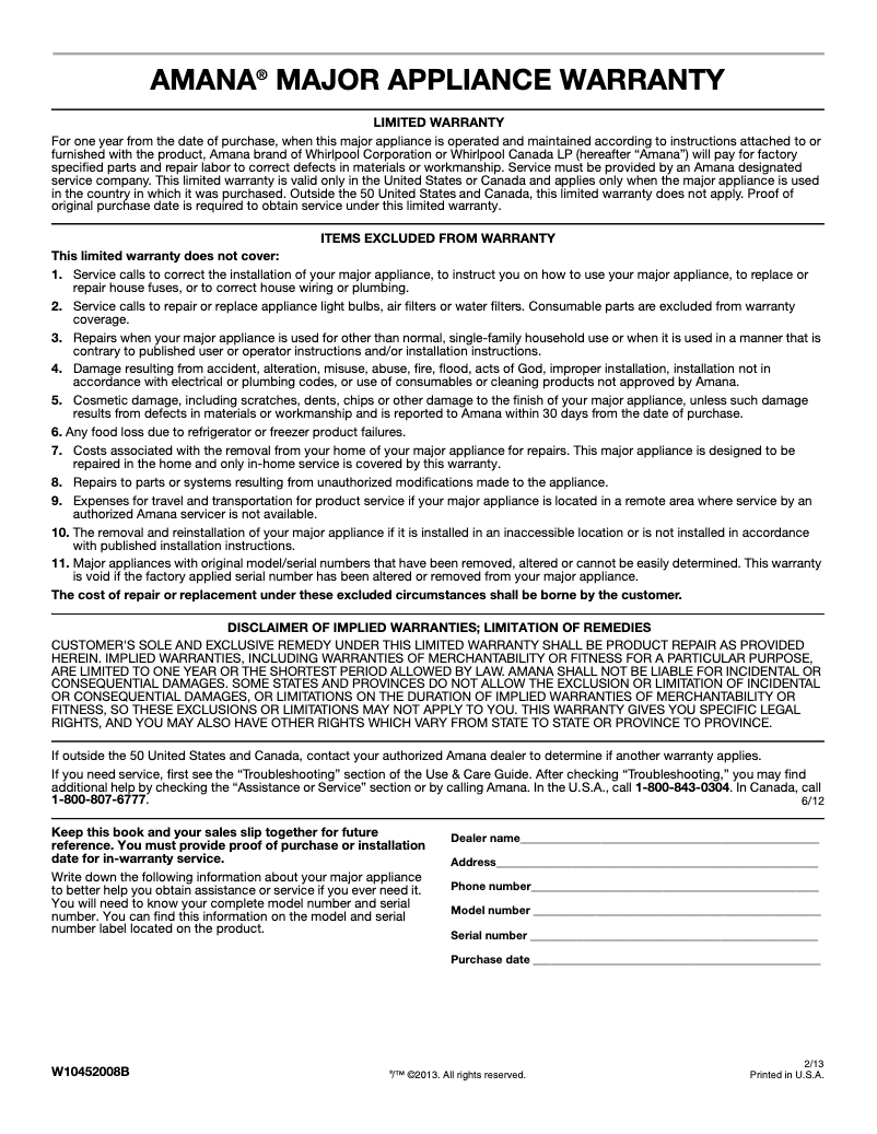 Page 1 de la notice Informations de garantie Amana AEP222VAW