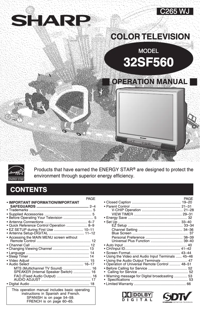 Page 1 de la notice Manuel utilisateur Sharp 32SF560