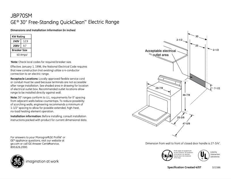 Page n°1 - Fiche technique GE JBP70SMSS