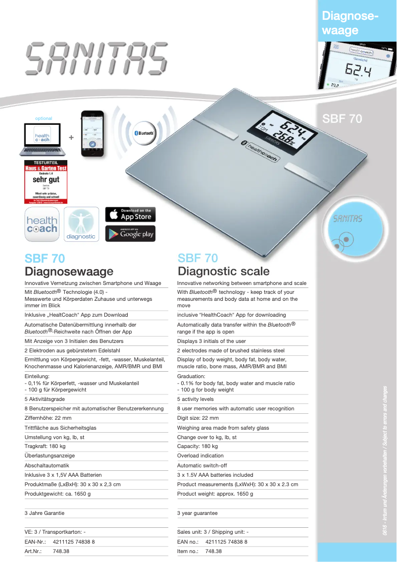 Page 1 de la notice Fiche technique Sanitas SBF 70