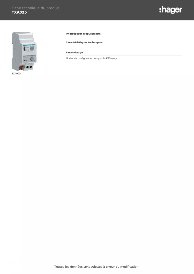 Page 1 de la notice Fiche technique Hager TXA025