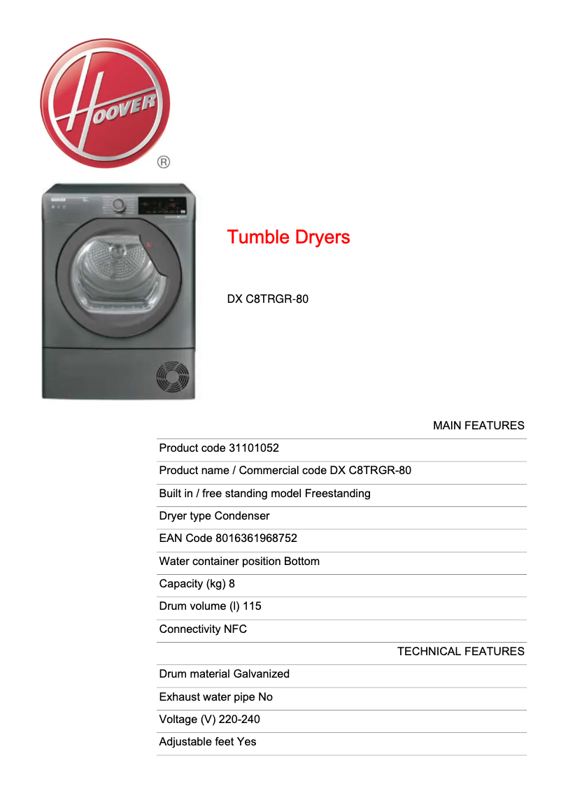 Page n°1 - Fiche technique Hoover DX C8TRGR-80