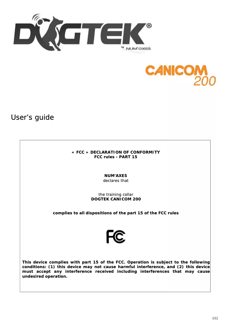 Page 1 de la notice Manuel utilisateur Canicom 200