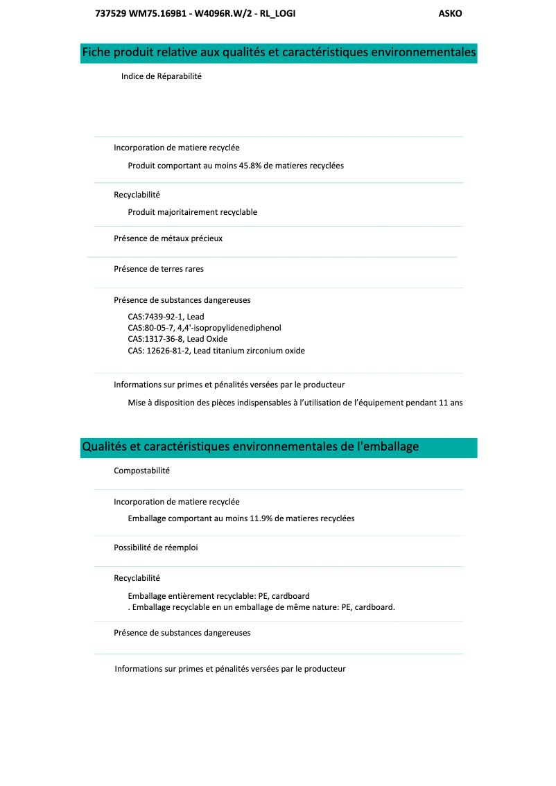 Page 1 de la notice Fiche technique Asko W4096P.W