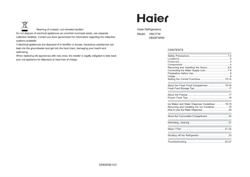 Page 1 de la notice Manuel utilisateur Haier HB 22 FWNN