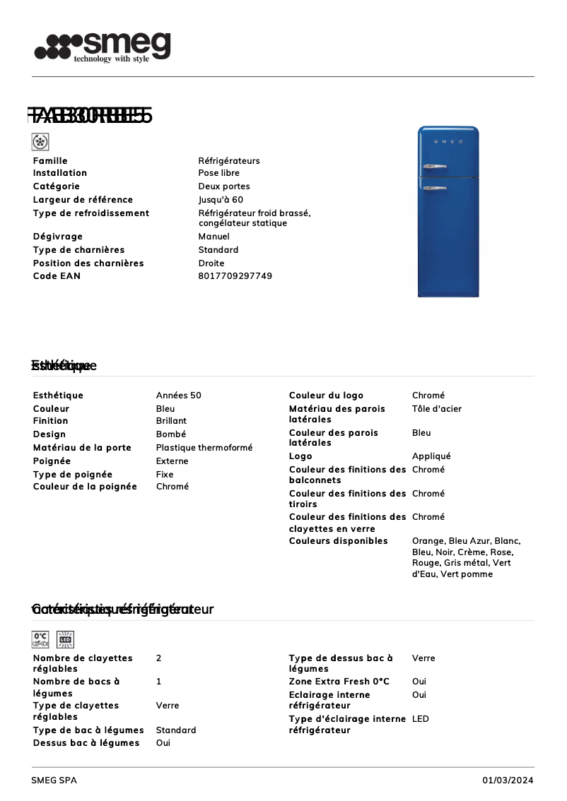 Page n°1 - Fiche technique Smeg FAB30RBE5