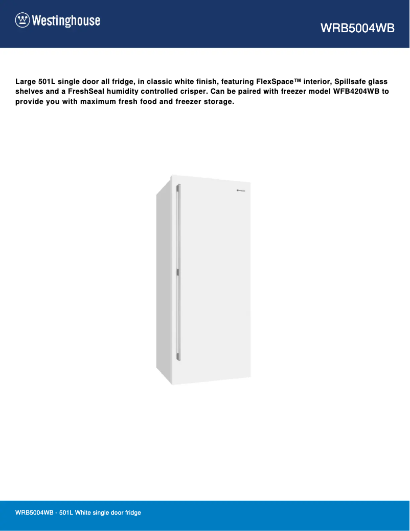 Page 1 de la notice Fiche technique Westinghouse WRB5004WB