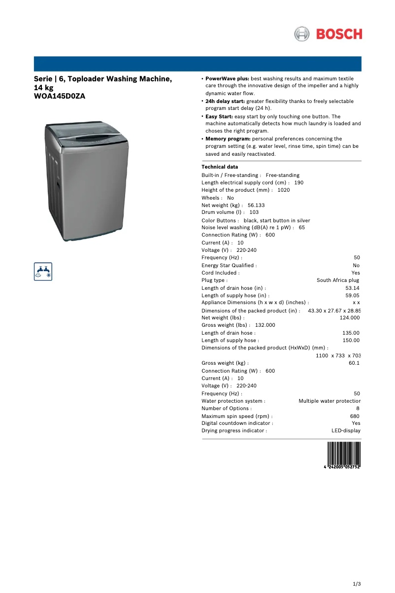 Image de la première page du manuel de l'appareil WOA145D0ZA