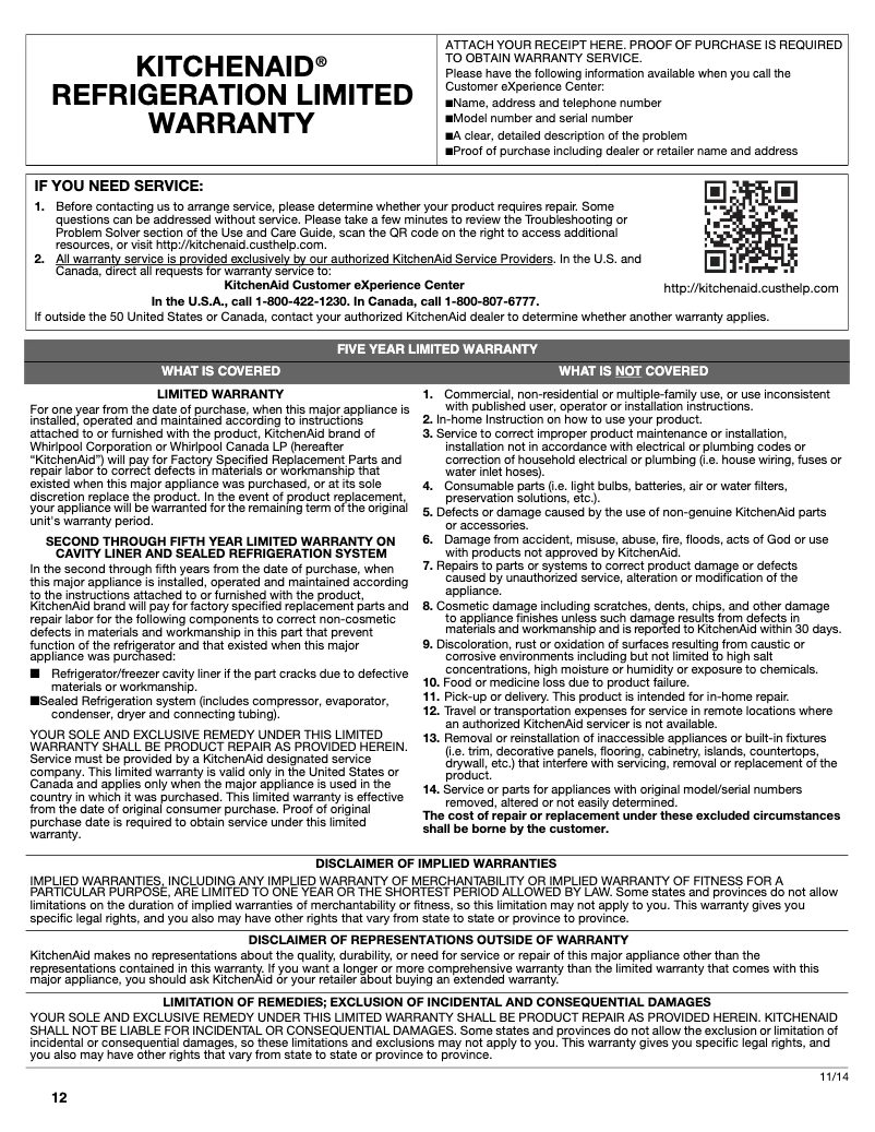 Página 1 del manual Información de garantía KitchenAid KUBR304ESS