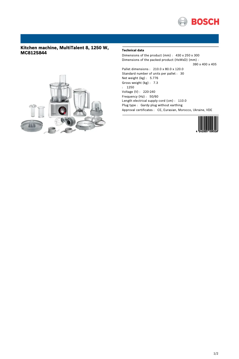 Page n°1 - Fiche technique Bosch MC812S844