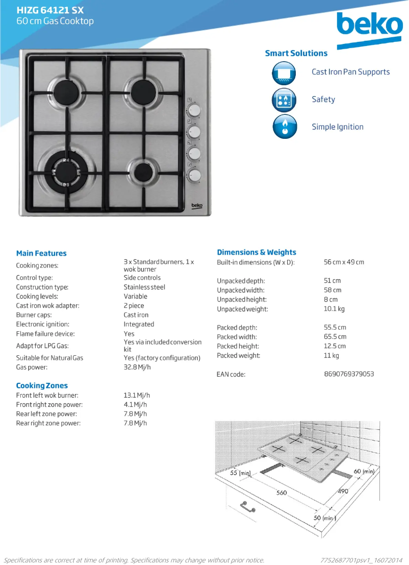 Page 1 de la notice Fiche technique Beko HIZG64125SX