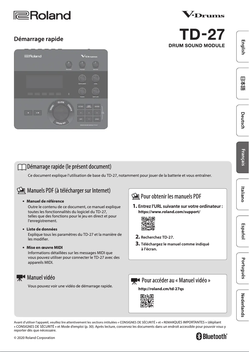 Page 1 de la notice Guide de démarrage rapide Roland TD-27