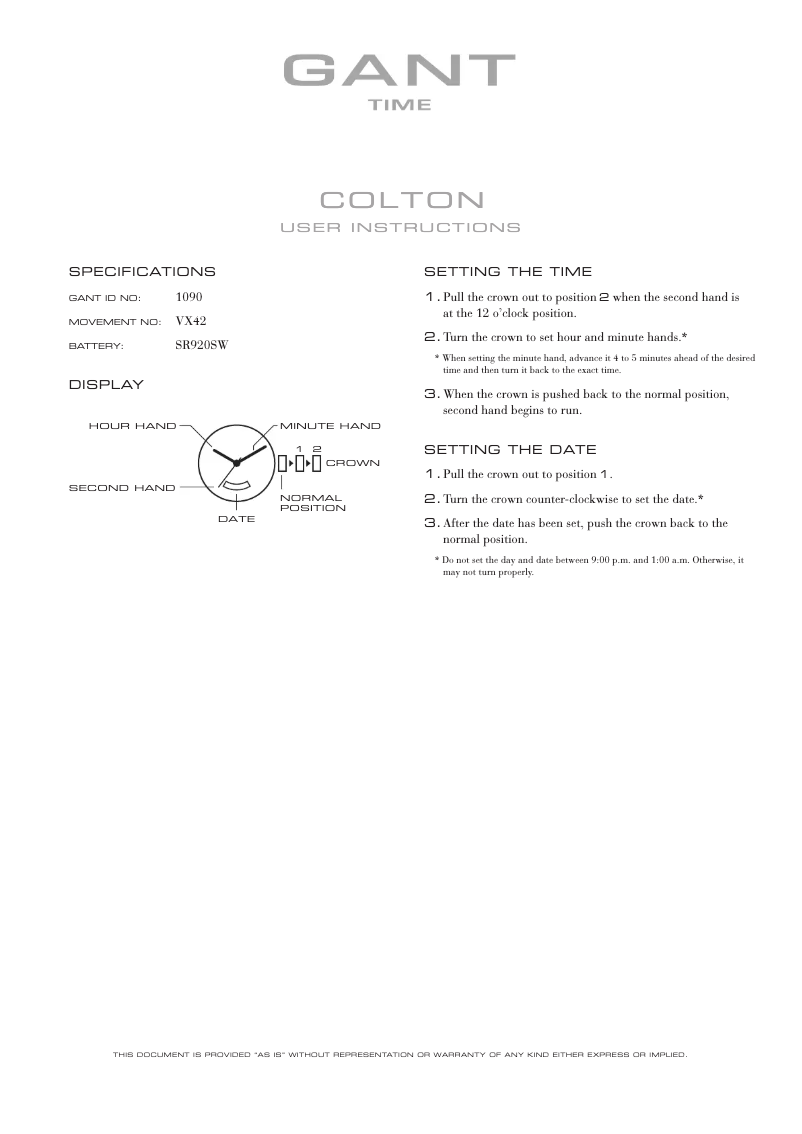 Page n°1 - Manuel utilisateur Gant Colton 1090