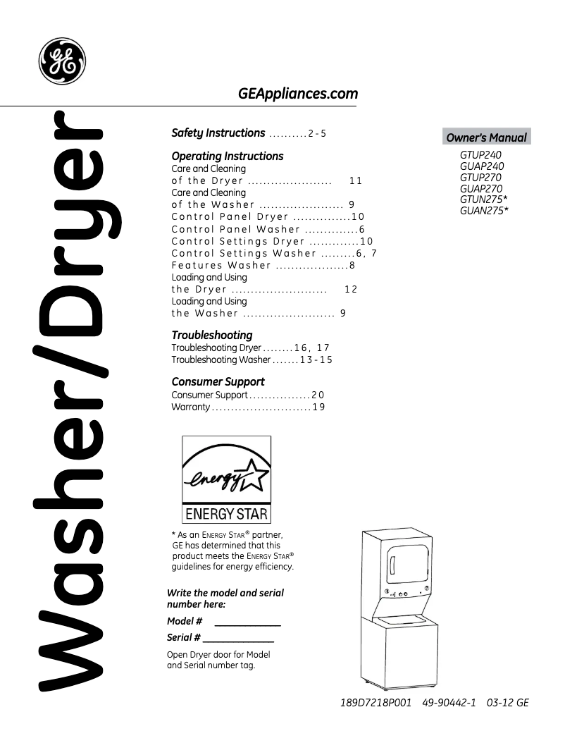 Page 1 de la notice Mode d'emploi GE Unitized Spacemaker GTUN275EMWW