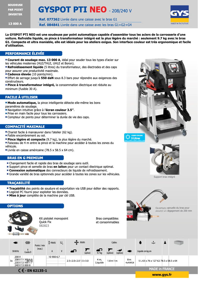 Page 1 de la notice Fiche technique GYS Gyspot PTI NEO