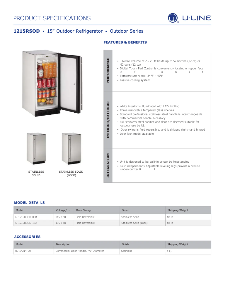 Page 1 de la notice Fiche technique U-Line U-1215ROD