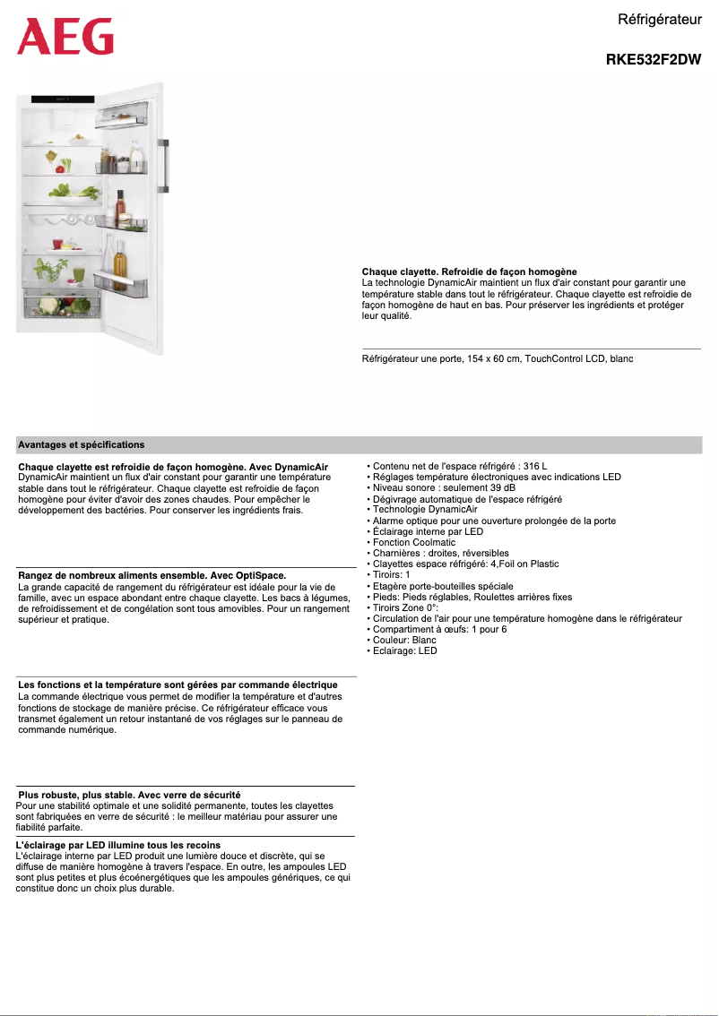 Page 1 de la notice Fiche technique AEG RKE532F2DW