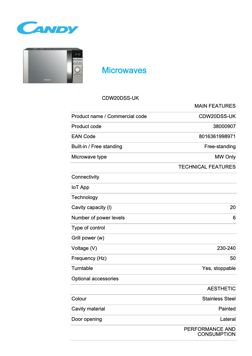 Page 1 de la notice Fiche technique Candy CDW20DSS-UK