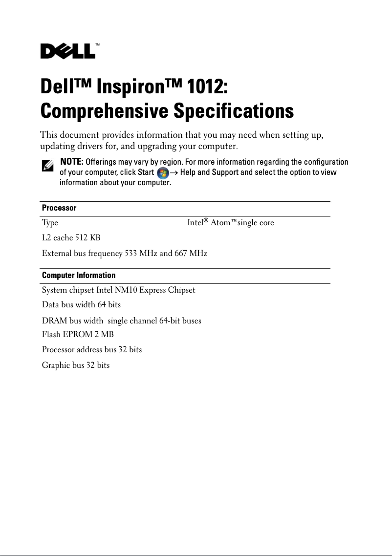 Page 1 de la notice Manuel utilisateur Dell Inspiron Mini 1012