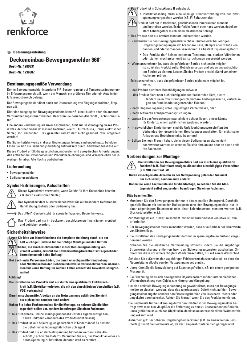 Page 1 de la notice Manuel utilisateur Renkforce 1296307