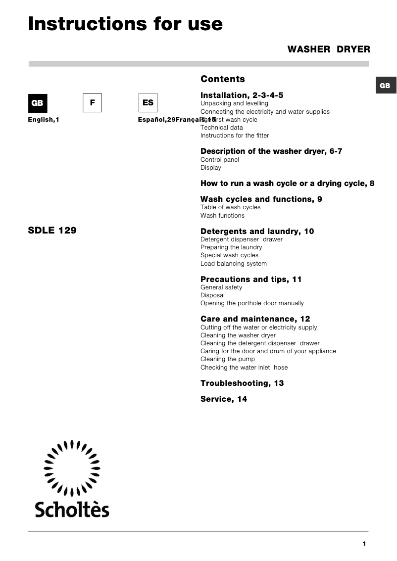 Page 1 de la notice Manuel utilisateur Scholtès SDLE 129 EU Full