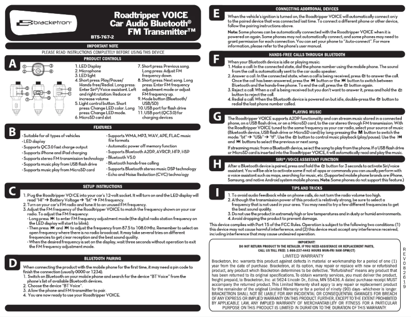 Page n°1 - Manuel utilisateur Bracketron Roadtripper VOICE BT5-767-2