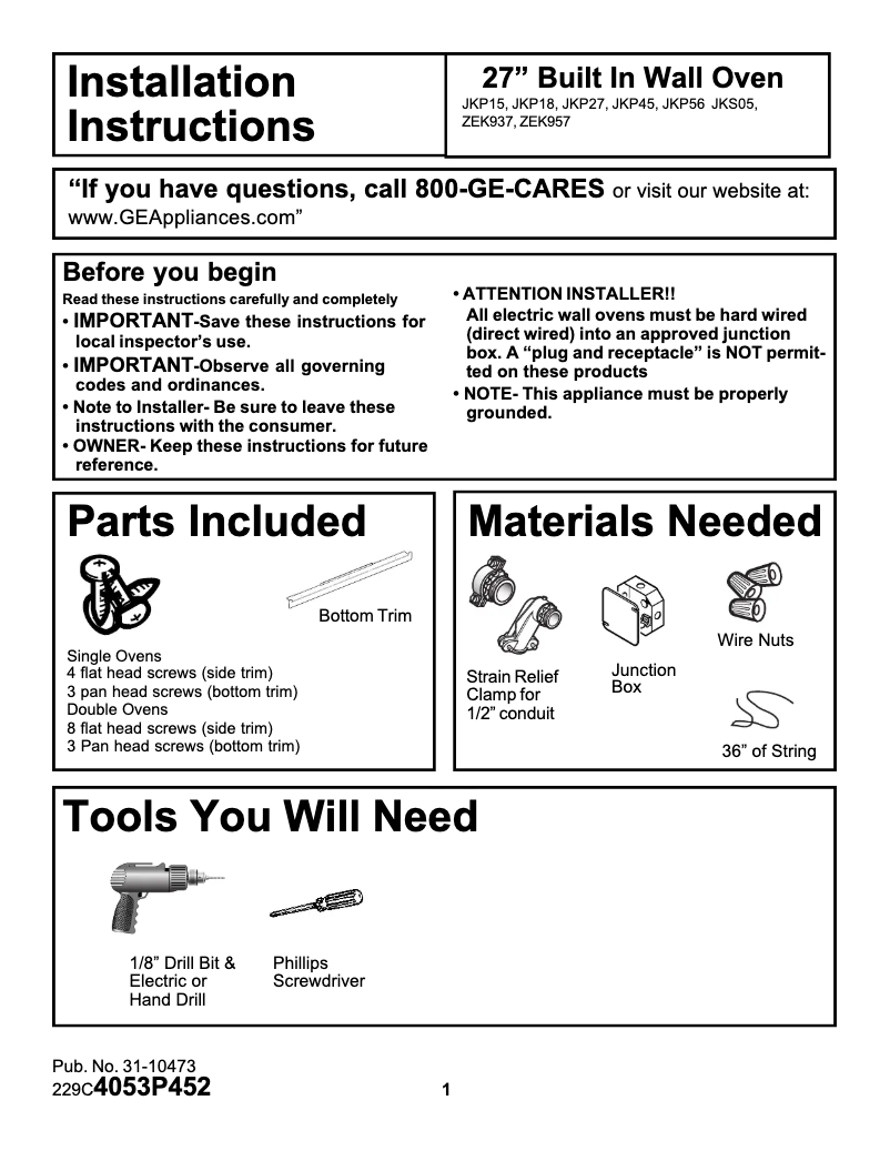 Page n°1 - Guide d'installation GE Profile JKP56CDCC