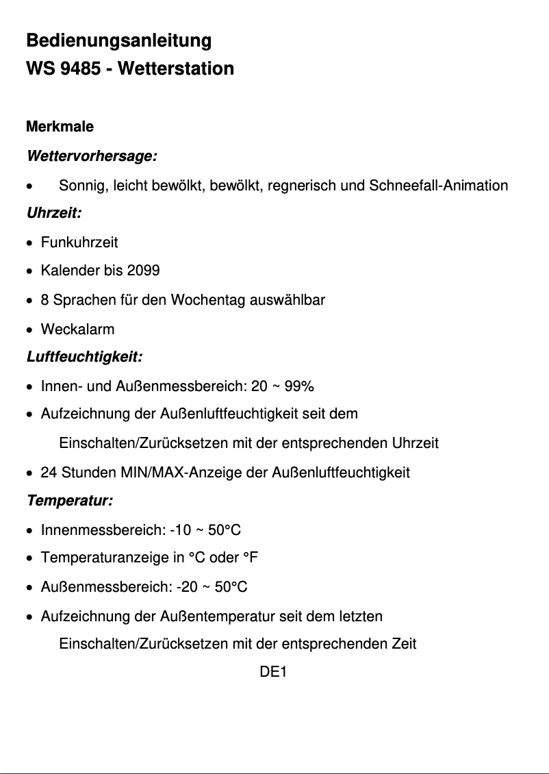 Page 1 de la notice Manuel utilisateur Techno Line WS 9485