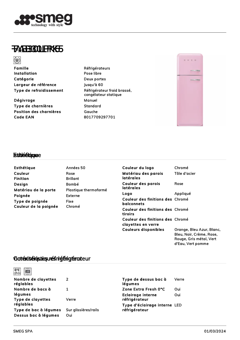 Page 1 de la notice Fiche technique Smeg FAB30LPK5