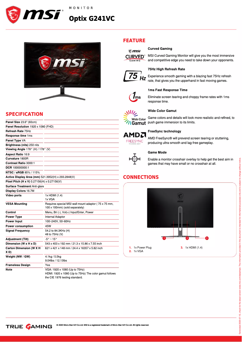Page 1 de la notice Fiche technique MSI Optix G241VC