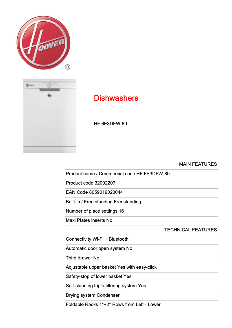Page n°1 - Fiche technique Hoover H-DISH 500 HF 6E3DFW-80