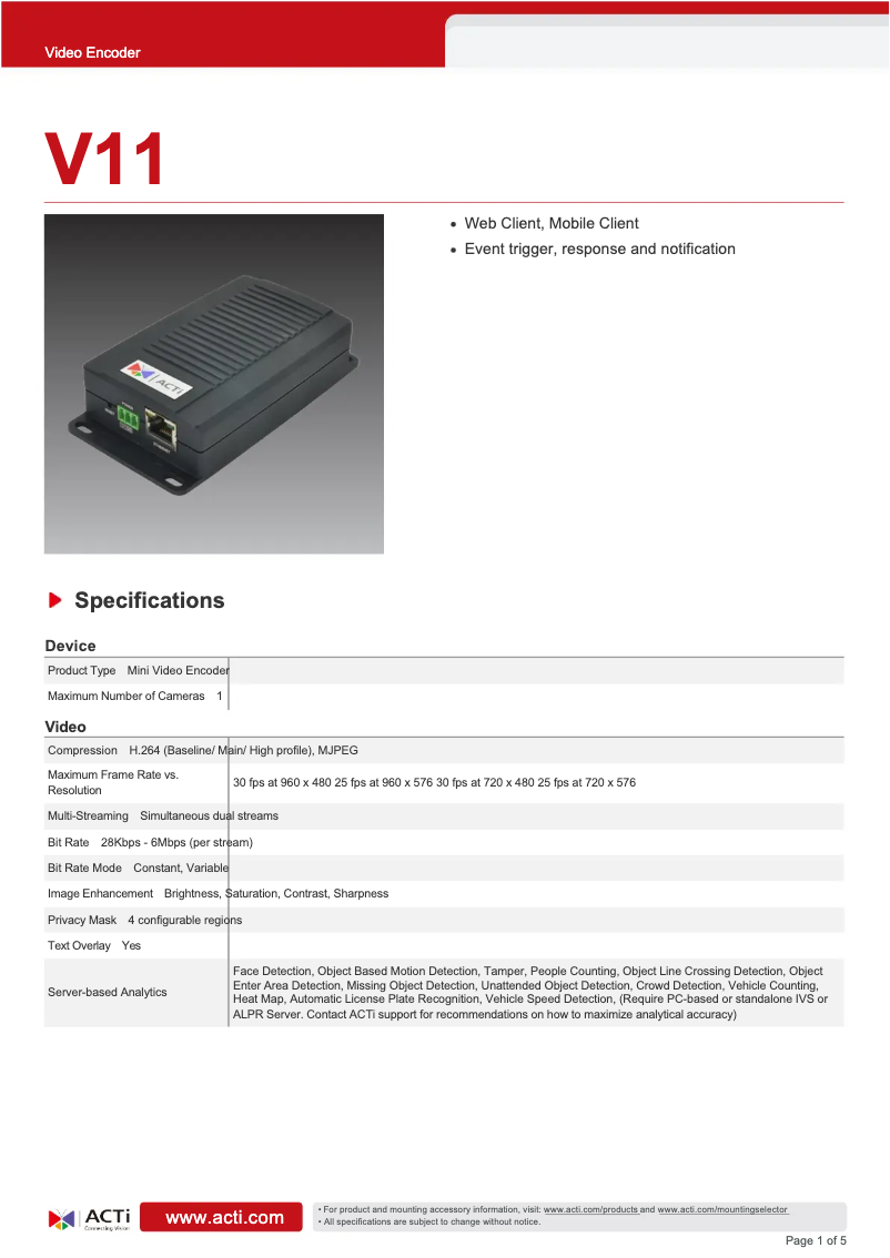 Page n°1 - Fiche technique ACTi V11