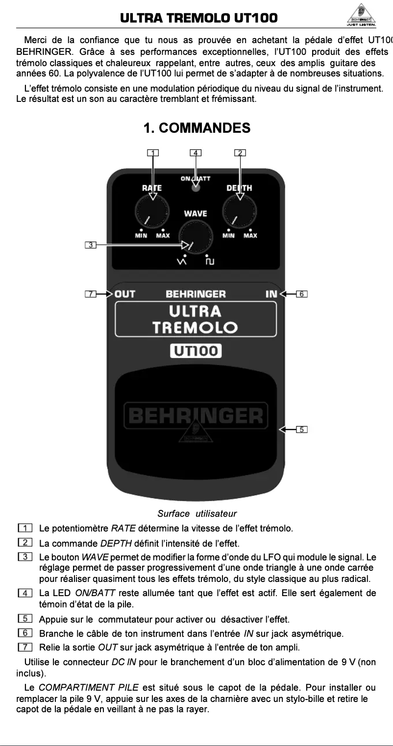 Imagen de la primera página del manual del dispositivo Ultra Tremolo UT100
