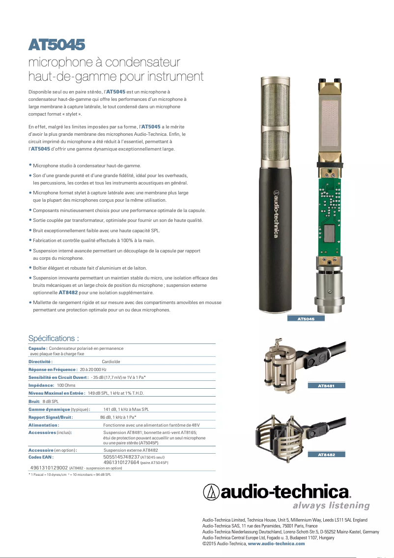 Page n°1 - Fiche technique Audio-Technica AT5045