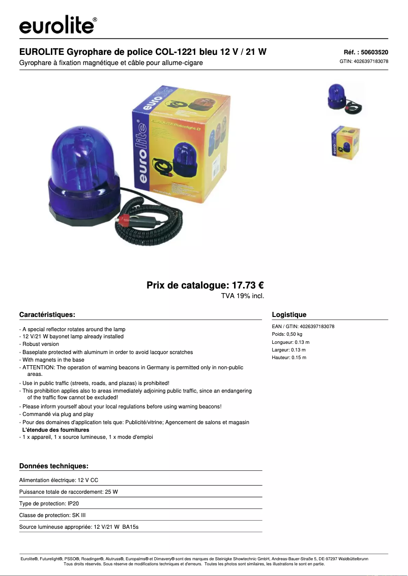 Image de la première page du manuel de l'appareil Police Beacon COL-1221