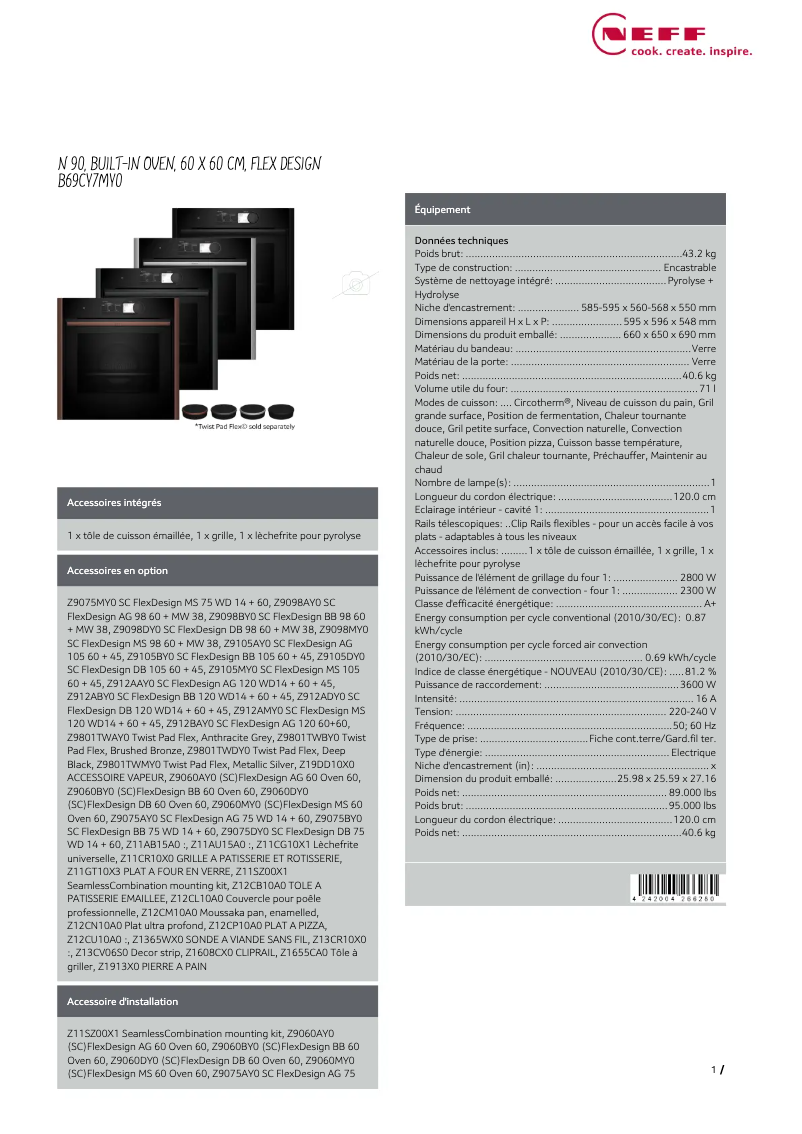 Página 1 del manual Ficha técnica Neff B69CY7MY0