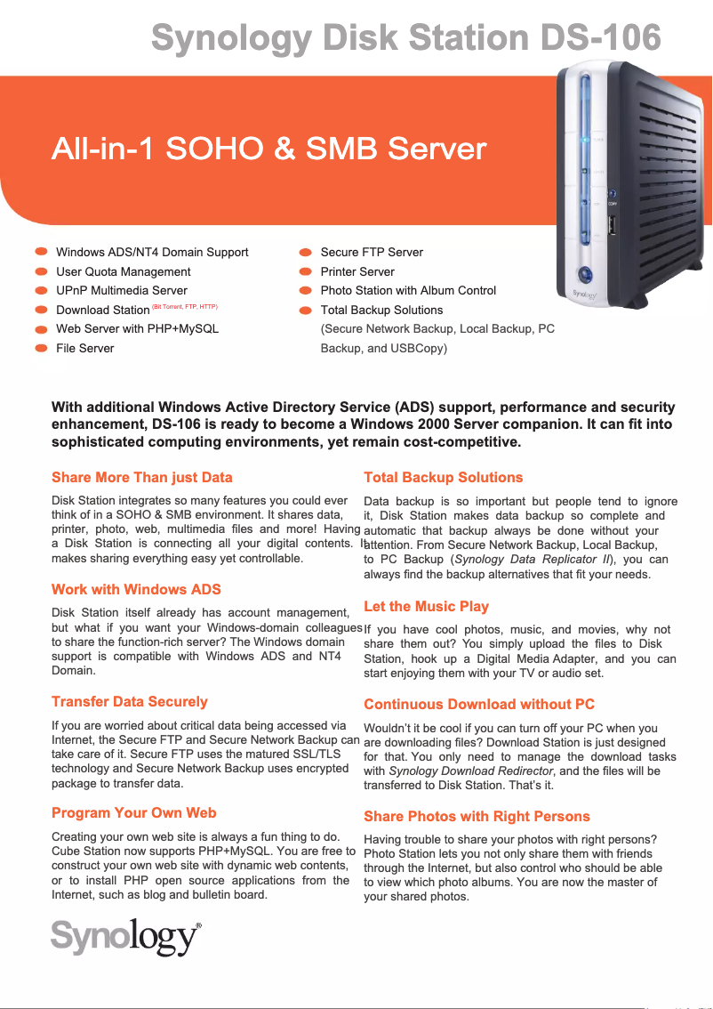 Page 1 de la notice Fiche technique Synology DiskStation DS-106