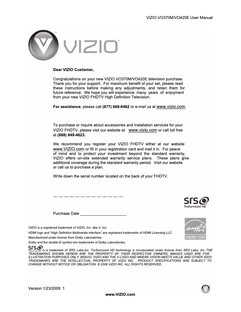 Page 1 de la notice Manuel utilisateur VIZIO VO370M