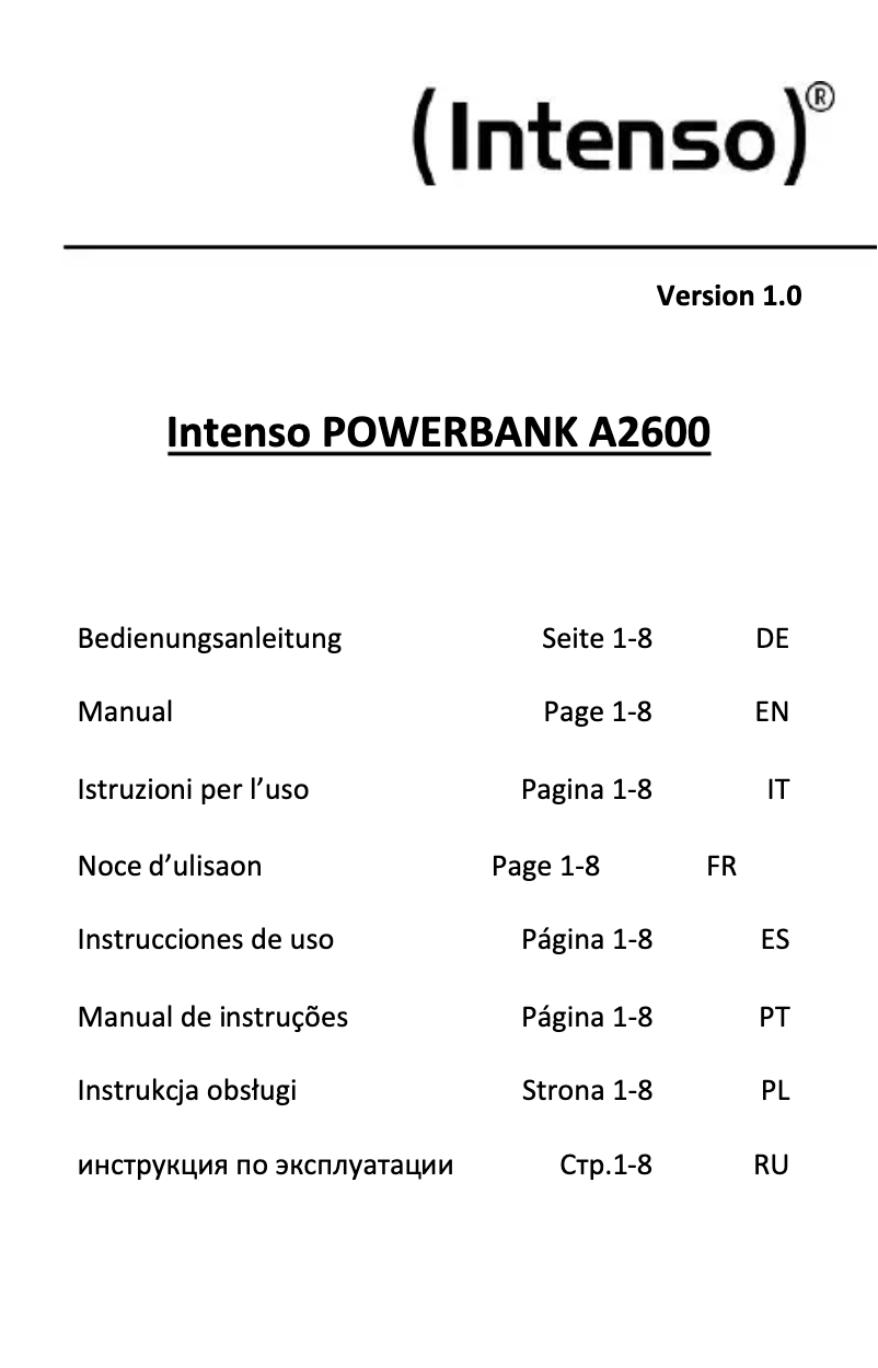 Página 1 del manual Manual de usuario Intenso Powerbank A2600