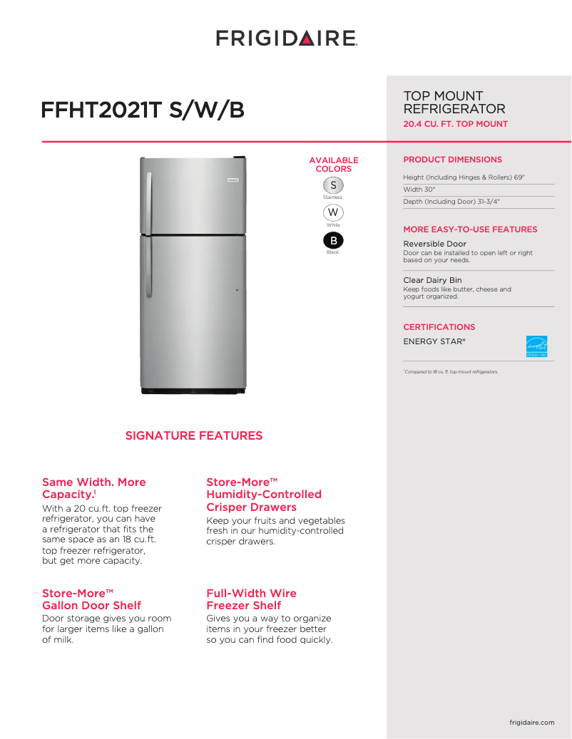 Page 1 de la notice Fiche technique Frigidaire FFHT2021T