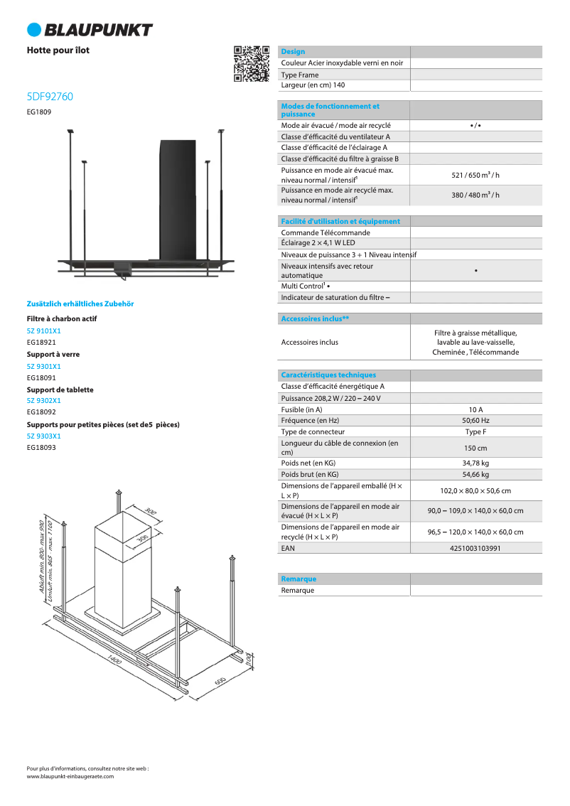 Page 1 de la notice Fiche technique Blaupunkt 5DF92760