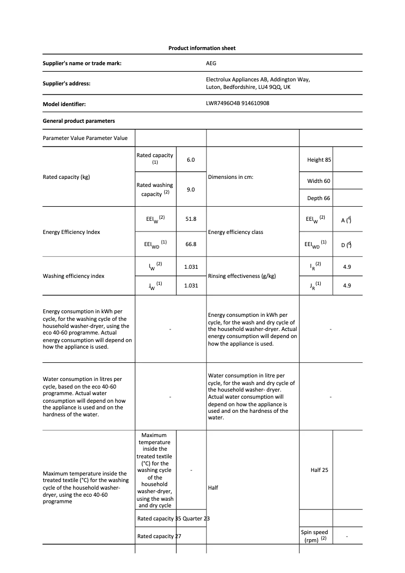 Page n°1 - Fiche technique AEG LWR7496O4B