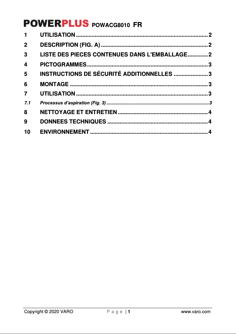 Page n°1 - Manuel utilisateur PowerPlus POWACG8010