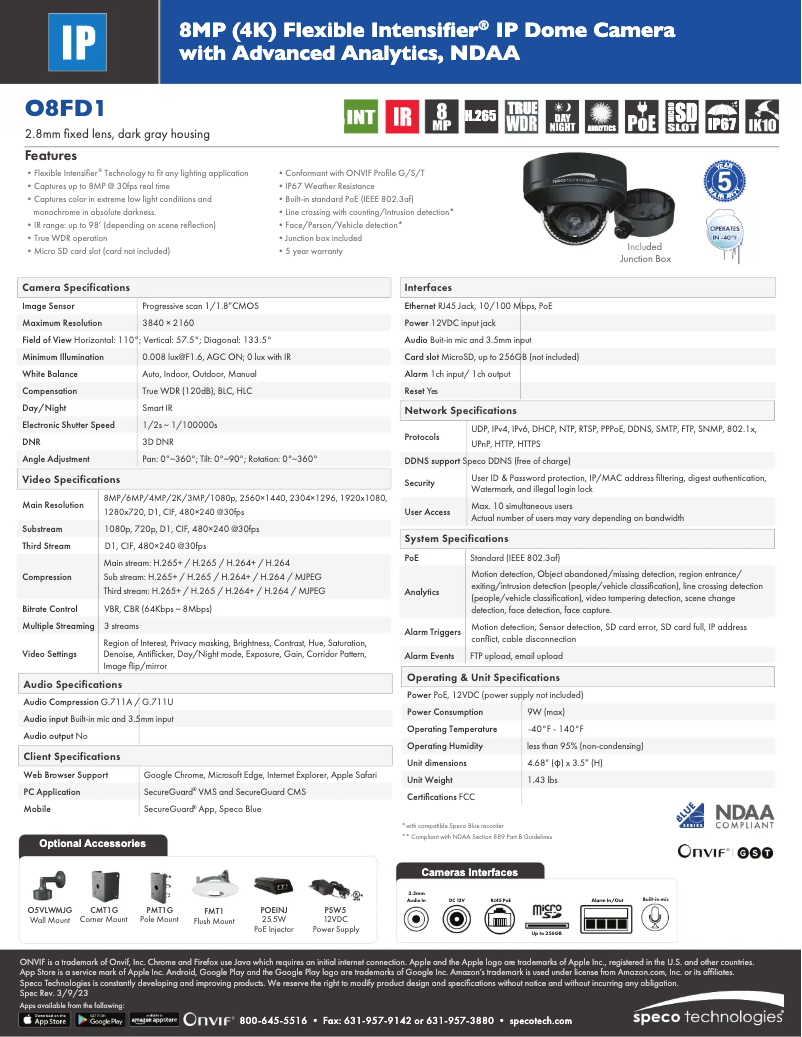 Page 1 de la notice Fiche technique Speco Technologies O8FD1