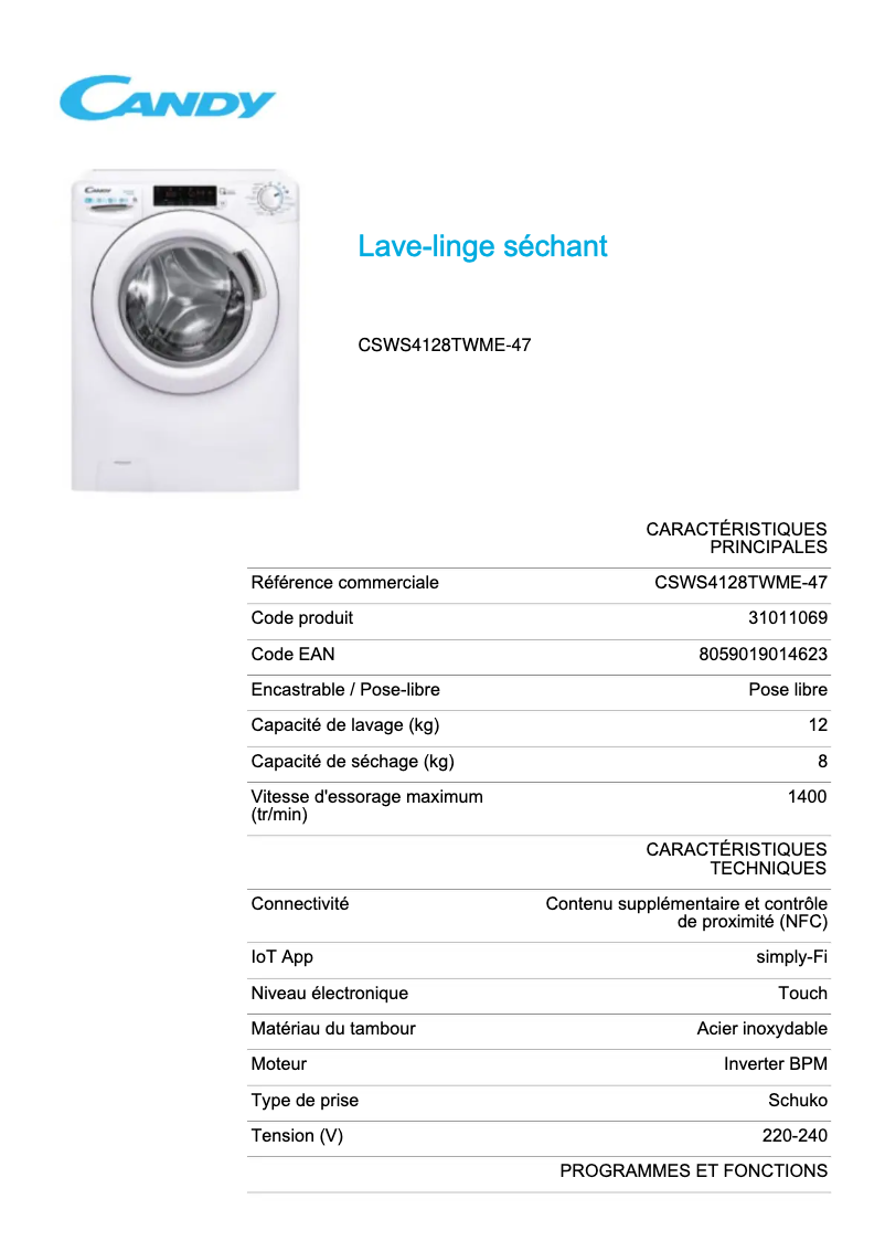 Page 1 de la notice Fiche technique Candy CSWS4128TWME-47