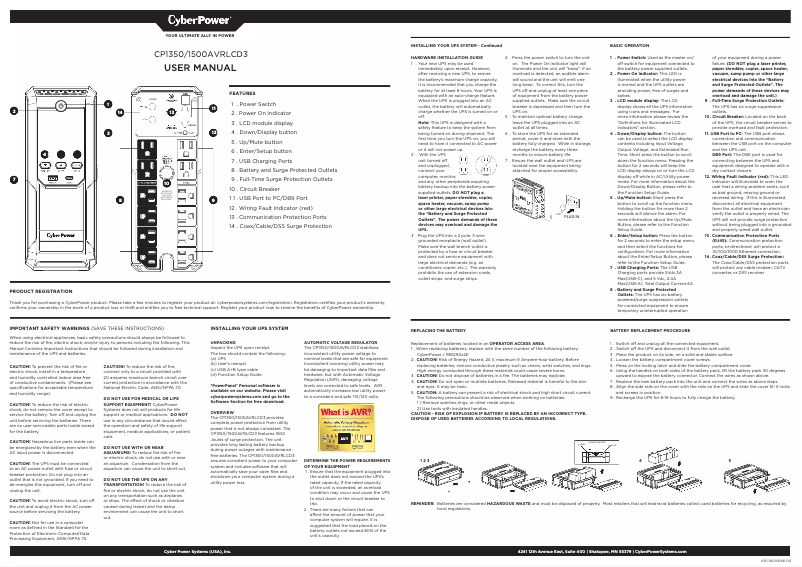 Page 1 de la notice Manuel utilisateur CyberPower CP1350AVRLCD3