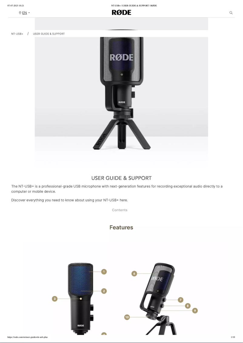 Page n°1 - Manuel utilisateur Røde NT-USB+