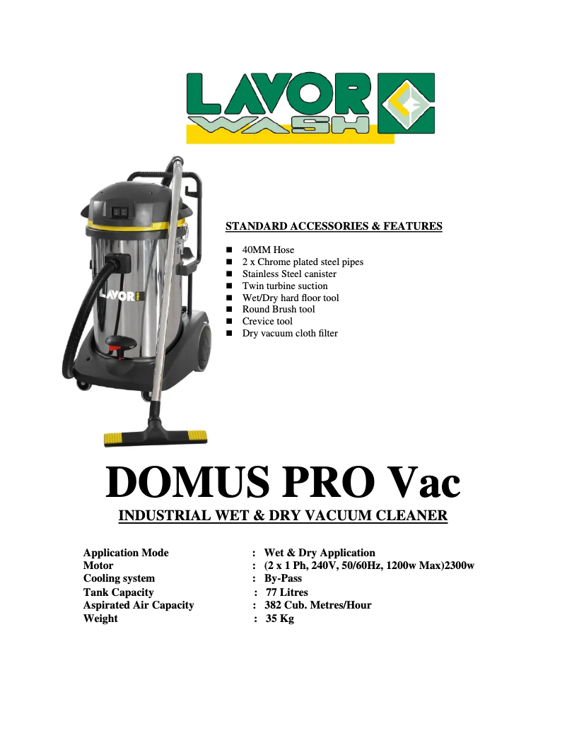 Page 1 de la notice Fiche technique Lavorwash DOMUS-IF PRO